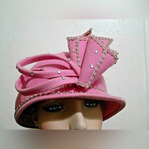 Pink Wool Cloche Hat With Rhinestones